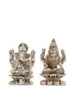 Brass Silver-Coated Superfine Ganesh Laxmi Idol - On Lotus - 2.35 Inches - Image 13