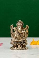 Brass Silver-Coated Superfine Ganesh Laxmi Idol - On Lotus - 2.35 Inches - Image 9