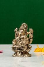Brass Silver-Coated Superfine Ganesh Laxmi Idol - On Lotus - 2.35 Inches - Image 8