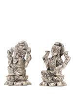 Brass Silver-Coated Superfine Ganesh Laxmi Idol - On Lotus - 2.35 Inches - Image 18