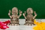 Brass Silver-Coated Superfine Ganesh Laxmi Idol - On Lotus - 2.35 Inches - Image 9