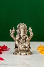 Brass Silver-Coated Superfine Ganesh Laxmi Idol - On Lotus - 2.35 Inches - Image 8