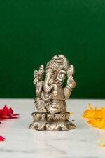 Brass Silver-Coated Superfine Ganesh Laxmi Idol - On Lotus - 2.35 Inches - Image 7