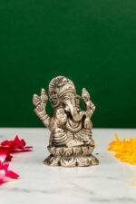 Brass Silver-Coated Superfine Ganesh Laxmi Idol - On Lotus - 2.35 Inches - Image 6