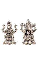 Brass Silver-Coated Superfine Ganesh Laxmi Idol - On Lotus - 2.35 Inches - Image 24