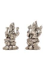 Brass Silver-Coated Superfine Ganesh Laxmi Idol - On Lotus - 2.35 Inches - Image 23