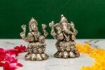 Brass Silver-Coated Superfine Ganesh Laxmi Idol - On Lotus - 2.35 Inches - Image 2