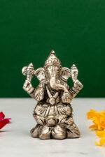 Brass Silver-Coated Superfine Ganesh Laxmi Idol - On Lotus - 2.35 Inches - Image 11
