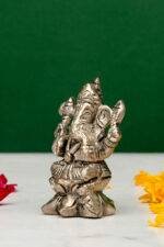 Brass Silver-Coated Superfine Ganesh Laxmi Idol - On Lotus - 2.35 Inches - Image 10