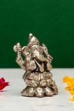 Brass Silver-Coated Superfine Ganesh Laxmi Idol - On Lotus - 2.35 Inches - Image 9
