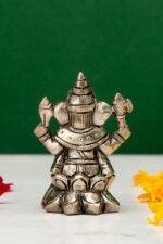 Brass Silver-Coated Superfine Ganesh Laxmi Idol - On Lotus - 2.35 Inches - Image 8