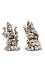 Brass Silver-Coated Superfine Ganesh Laxmi Idol - On Lotus - 2.35 Inches - Image 22