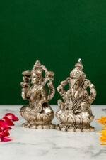 Brass Silver-Coated Superfine Ganesh Laxmi Idol - On Lotus - 3.50 Inches - Image 2