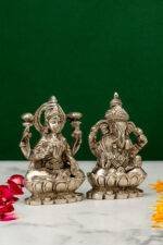 Brass Silver-Coated Superfine Ganesh Laxmi Idol - On Lotus - 3.50 Inches - Image 10
