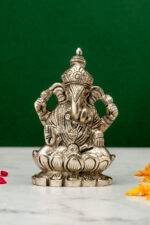 Brass Silver-Coated Superfine Ganesh Laxmi Idol - On Lotus - 3.50 Inches - Image 8