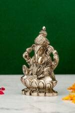 Brass Silver-Coated Superfine Ganesh Laxmi Idol - On Lotus - 3.50 Inches - Image 7