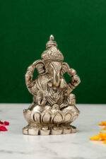 Brass Silver-Coated Superfine Ganesh Laxmi Idol - On Lotus - 3.50 Inches - Image 6