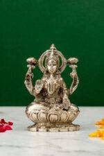 Brass Silver-Coated Superfine Ganesh Laxmi Idol - On Lotus - 3.50 Inches - Image 4