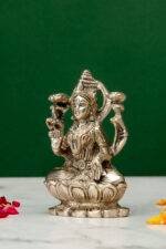 Brass Silver-Coated Superfine Ganesh Laxmi Idol - On Lotus - 3.50 Inches - Image 3