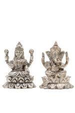 Brass Silver-Coated Superfine Ganesh Laxmi Idol - On Lotus - 2.75 Inches - Image 12
