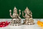 Brass Silver-Coated Superfine Ganesh Laxmi Idol - On Lotus - 2.75 Inches - Image 8