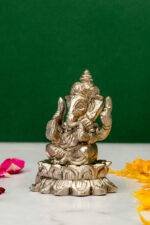 Brass Silver-Coated Superfine Ganesh Laxmi Idol - On Lotus - 2.75 Inches - Image 5