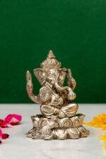 Brass Silver-Coated Superfine Ganesh Laxmi Idol - On Lotus - 2.75 Inches - Image 4