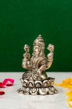 Brass Silver-Coated Superfine Ganesh Laxmi Idol - On Lotus - 2.75 Inches - Image 15