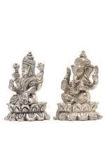Brass Silver-Coated Superfine Ganesh Laxmi Idol - On Lotus - 2.75 Inches - Image 11