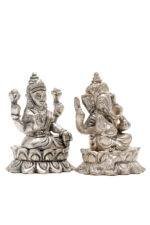 Brass Silver-Coated Superfine Ganesh Laxmi Idol - On Lotus - 2.75 Inches - Image 10