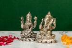 Brass Silver-Coated Superfine Ganesh Laxmi Idol - On Lotus - 2.75 Inches - Image 2