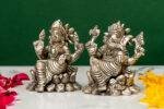 Brass Silver-Coated Superfine Ganesh Laxmi Idol - On Lotus - 3.50 Inches - Image 2