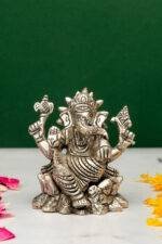 Brass Silver-Coated Superfine Ganesh Laxmi Idol - On Lotus - 3.50 Inches - Image 7