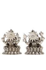 Brass Silver-Coated Superfine Ganesh Laxmi Idol - On Lotus - 3.50 Inches - Image 18