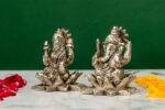 Brass Silver-Coated Superfine Ganesh Laxmi Idol - On Lotus - 3.15 Inches - Image 2