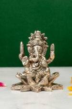 Brass Silver-Coated Superfine Ganesh Laxmi Idol - On Lotus - 3.15 Inches - Image 10