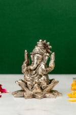 Brass Silver-Coated Superfine Ganesh Laxmi Idol - On Lotus - 3.15 Inches - Image 9