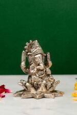 Brass Silver-Coated Superfine Ganesh Laxmi Idol - On Lotus - 3.15 Inches - Image 8