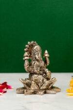Brass Silver-Coated Superfine Ganesh Laxmi Idol - On Lotus - 3.15 Inches - Image 4