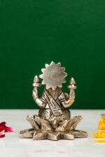Brass Silver-Coated Superfine Ganesh Laxmi Idol - On Lotus - 3.15 Inches - Image 3