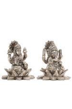 Brass Silver-Coated Superfine Ganesh Laxmi Idol - On Lotus - 3.15 Inches - Image 15