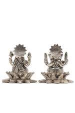 Brass Silver-Coated Superfine Ganesh Laxmi Idol - On Lotus - 3.15 Inches - Image 22