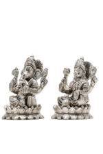 Brass Silver-Coated Superfine Ganesh Laxmi Idol - On Lotus - 4 Inches - Image 23