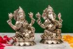 Brass Silver-Coated Superfine Ganesh Laxmi Idol - On Lotus - 4 Inches - Image 12