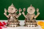 Brass Silver-Coated Superfine Ganesh Laxmi Idol - On Lotus - 4 Inches - Image 11
