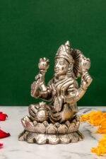 Brass Silver-Coated Superfine Ganesh Laxmi Idol - On Lotus - 4 Inches - Image 9