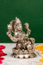 Brass Silver-Coated Superfine Ganesh Laxmi Idol - On Lotus - 4 Inches - Image 8