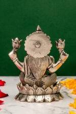 Brass Silver-Coated Superfine Ganesh Laxmi Idol - On Lotus - 4 Inches - Image 7