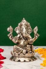 Brass Silver-Coated Superfine Ganesh Laxmi Idol - On Lotus - 4 Inches - Image 6