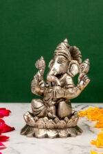 Brass Silver-Coated Superfine Ganesh Laxmi Idol - On Lotus - 4 Inches - Image 5